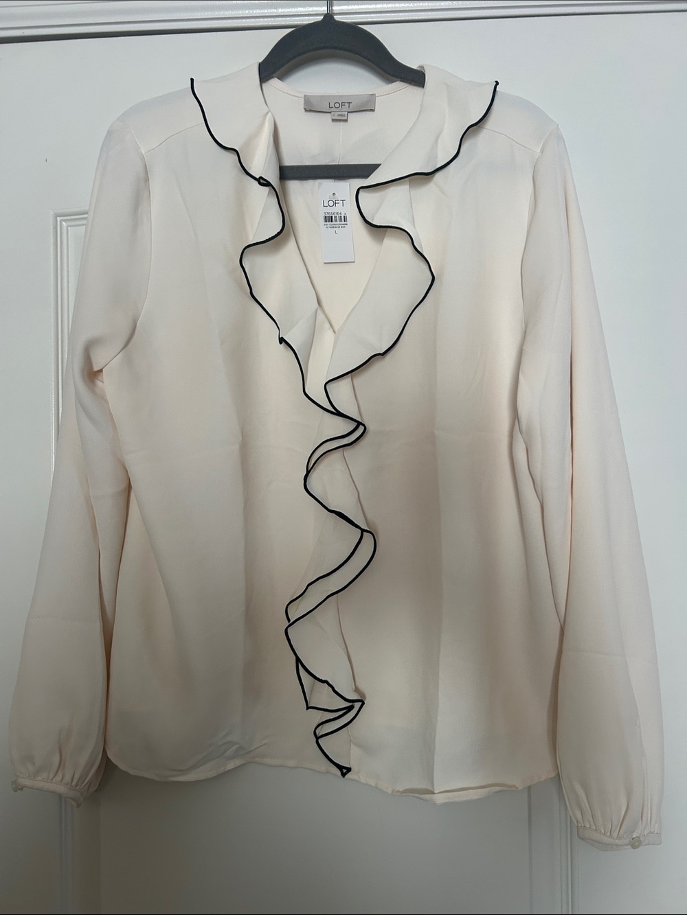 LOFT Cream Blouse with Black-Trim Ruffle Front